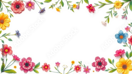 Floral frame made up of various colorful flowers and leaves, creating a beautiful border around a blank white space for text, copy space, blank, frame