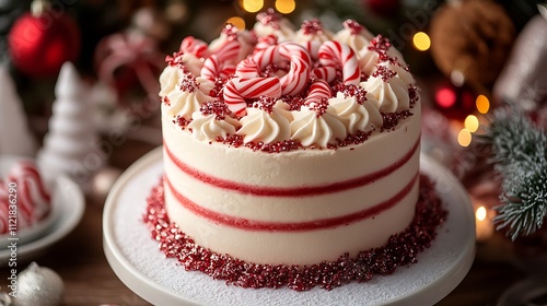 A festive Candy Cane Delight cake featuring red and white striped frosting, adorned with mini candy canes and shimmering edible glitter,