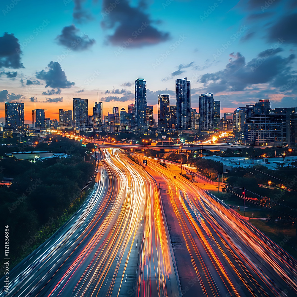 Obraz premium Stunning Evening Cityscape with Vibrant Light Trails of Traffic Over Busy Highway Against a Backdrop of Urban Skyline and Colorful Sunset clouds
