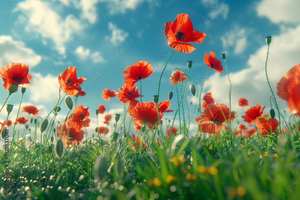 Naklejka premium red poppy field with blue sky covered in clouds