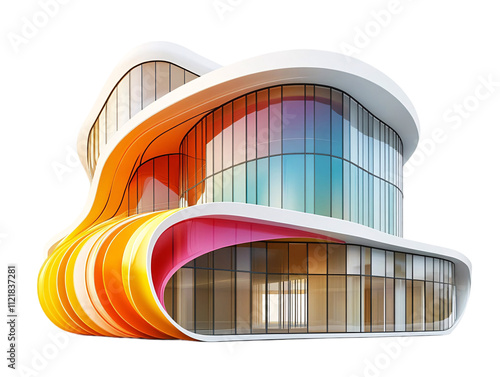 A modern architectural structure featuring flowing lines, colorful accents, and extensive glass surfaces on transparent background. photo