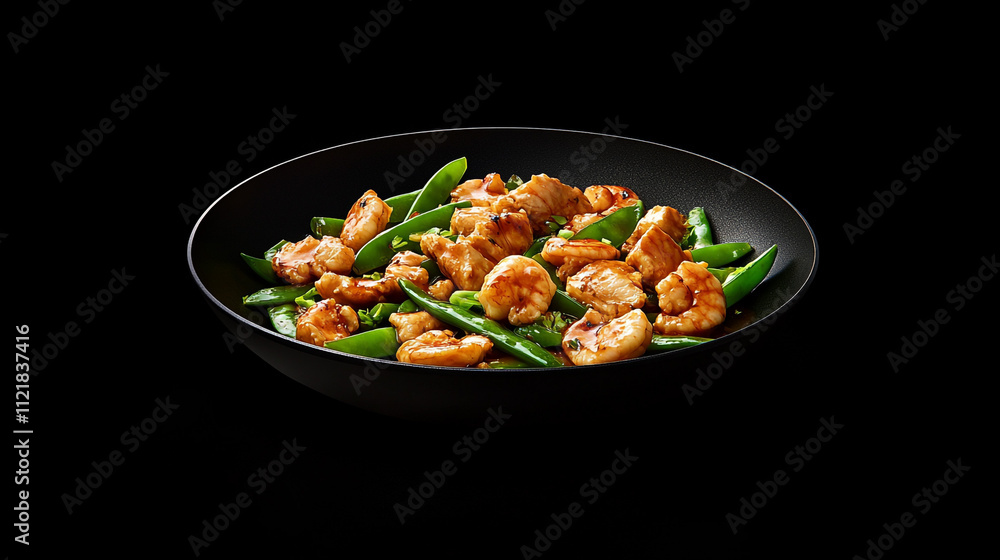 Delicious Chicken Shrimp Stir Fry with Snap Peas in Black Bowl Delicious Chicken Shrimp Stir Fry with Snap Peas in Black Bowl