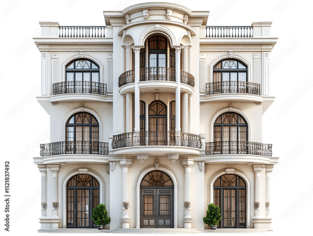 A grand, multi-story building featuring intricate architectural details, balconies, and large windows on transparent background. A grand, multi-story building featuring intricate architectural details, balconies, and large windows on transparent background.