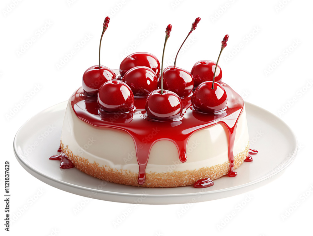 A delicious cheesecake topped with glossy cherries and vibrant red sauce, presented on a white plate on transparent background. A delicious cheesecake topped with glossy cherries and vibrant red sauce, presented on a white plate on transparent background.