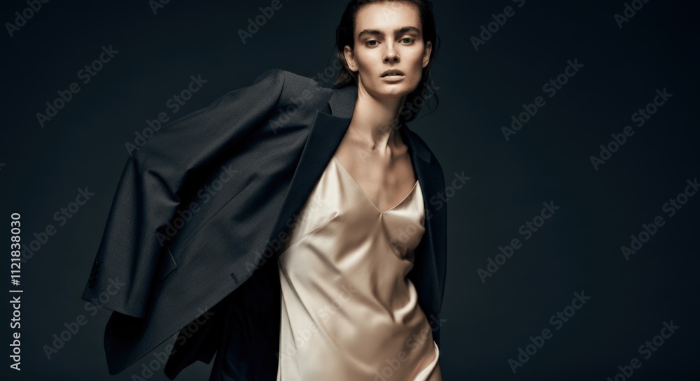 Fototapeta premium Elegant Woman in Silk Slip Dress and Blazer