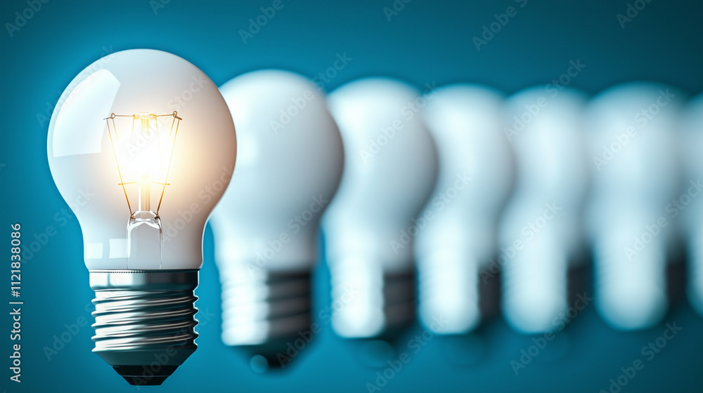 A row of identical white light bulbs with one in the middle glowing brightly. The glowing bulb stands out, representing a unique idea in a sea of sameness. A row of identical white light bulbs with one in the middle glowing brightly. The glowing bulb stands out, representing a unique idea in a sea of sameness.