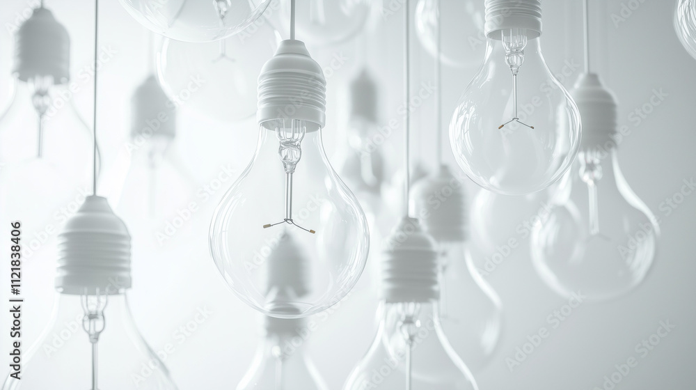A cascade of white light bulbs appearing to fall in slow motion, suspended mid-air against the white background. The glowing bulbs represent a continuous flow of ideas and inspirat A cascade of white light bulbs appearing to fall in slow motion, suspended mid-air against the white background. The glowing bulbs represent a continuous flow of ideas and inspirat