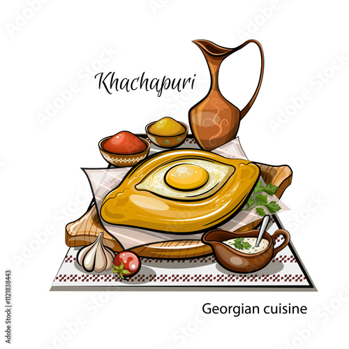 Khachapuri sauces Georgian cuisine hand drawing vector illustration
