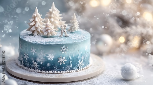 A Frozen Lake cake with a glossy blue glaze mimicking ice, decorated with hand-painted snowflakes, sugar skater figurines, and white chocolate snow-covered trees, placed in a dreamy, photo