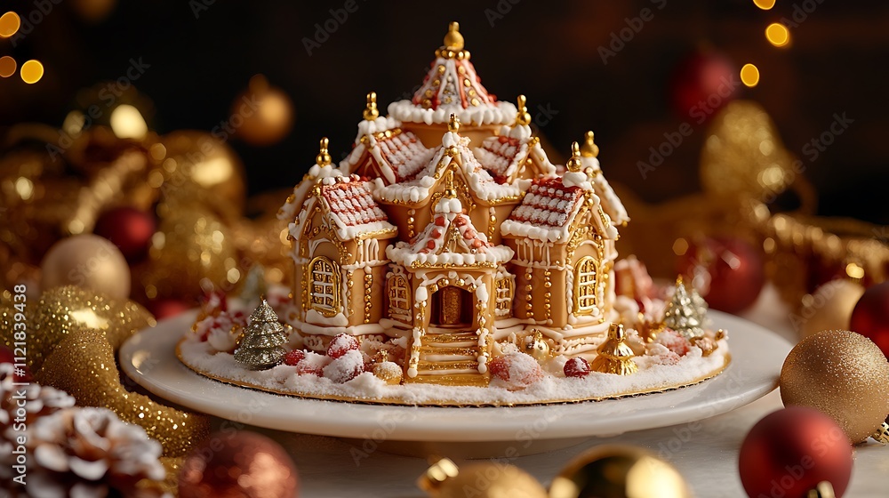 Obraz premium A luxurious Gingerbread House cake with golden edible accents, colorful candy roof tiles, and detailed sugar snow, placed on a frosted platter surrounded by holiday ornaments,