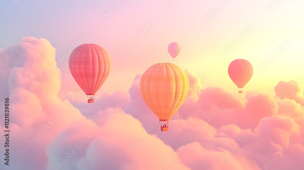 Fototapeta premium Hot Air Balloons Soaring Through Pastel Cloudscape