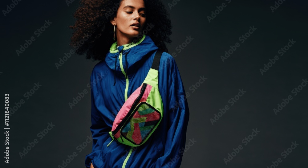 Stylish Woman in Blue Jacket with Colorful Fanny Pack Stylish Woman in Blue Jacket with Colorful Fanny Pack