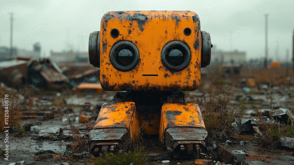 A rusty yellow robot in a desolate landscape 