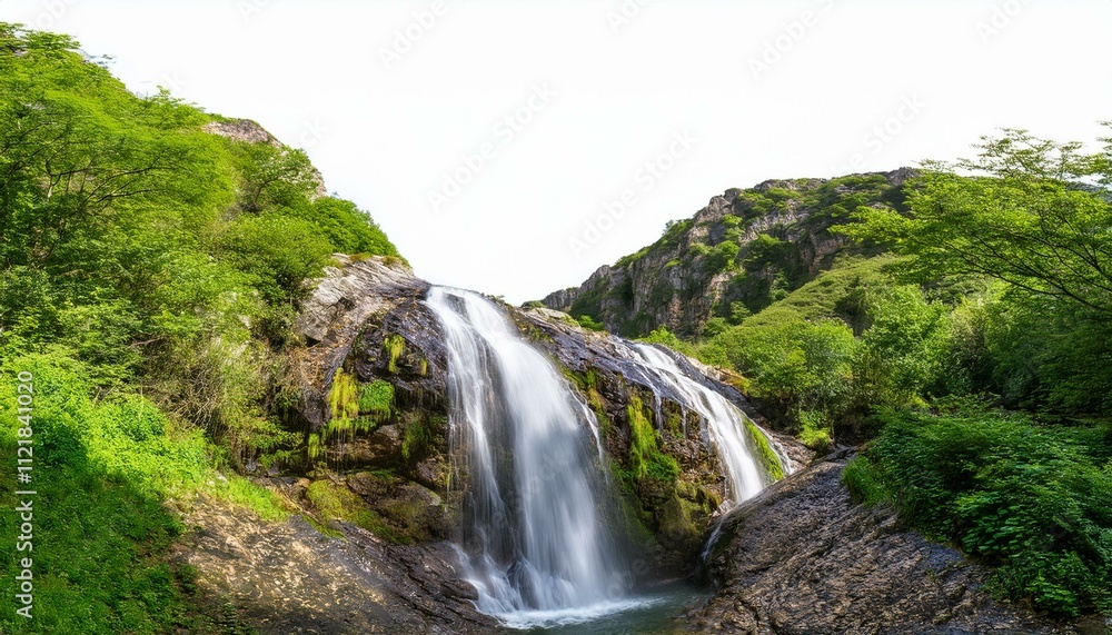 Obraz premium serene waterfall flowing through a mountainous landscape, featuring natural textures and vibrant greenery, isolated on a transparent background for creative projects