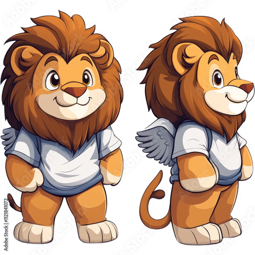 Cartoon Lion Character with Wings in Two Poses - Anthropomorphic Design for Branding and Merchandise