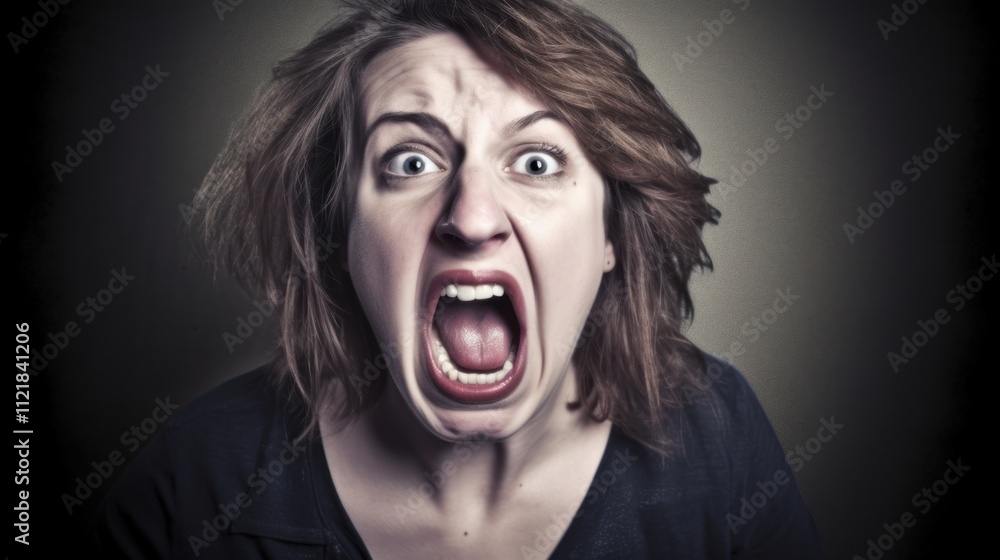 A woman expressing intense emotion through a loud scream. A woman expressing intense emotion through a loud scream.