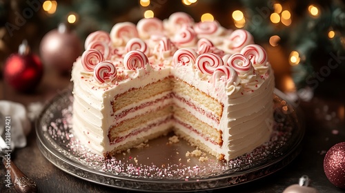 A Peppermint Bliss cake layered with peppermint cream and vanilla frosting, topped with peppermint swirl candies and edible glitter, photo