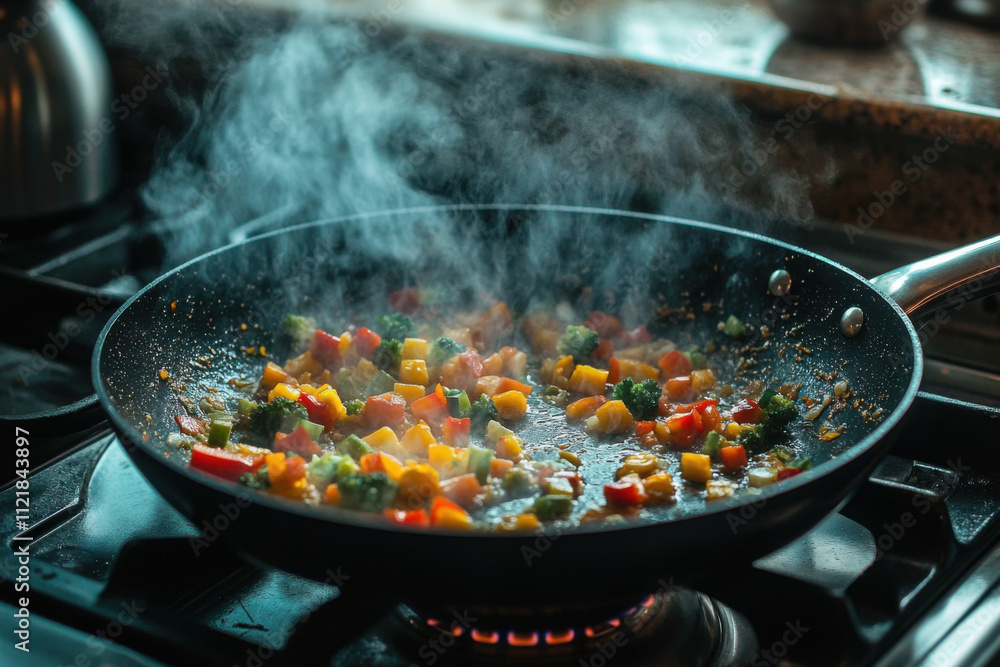Colorful vegetables sautéing in a pan on the stove in the kitchen Colorful vegetables sautéing in a pan on the stove in the kitchen