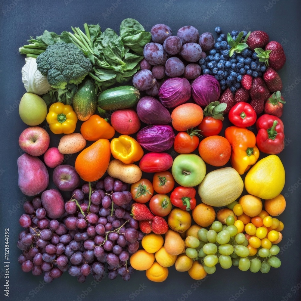 Vibrant array of fresh fruits and vegetables on dark background Vibrant array of fresh fruits and vegetables on dark background