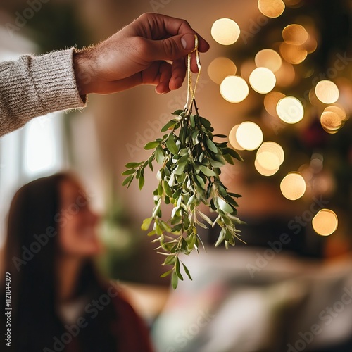 Holding Mistletoe Above Partner’s Head for a Christmas Kiss Mistletoe Moment, Mistletoe Moment, Happy Christmas day, Winter vibe 
