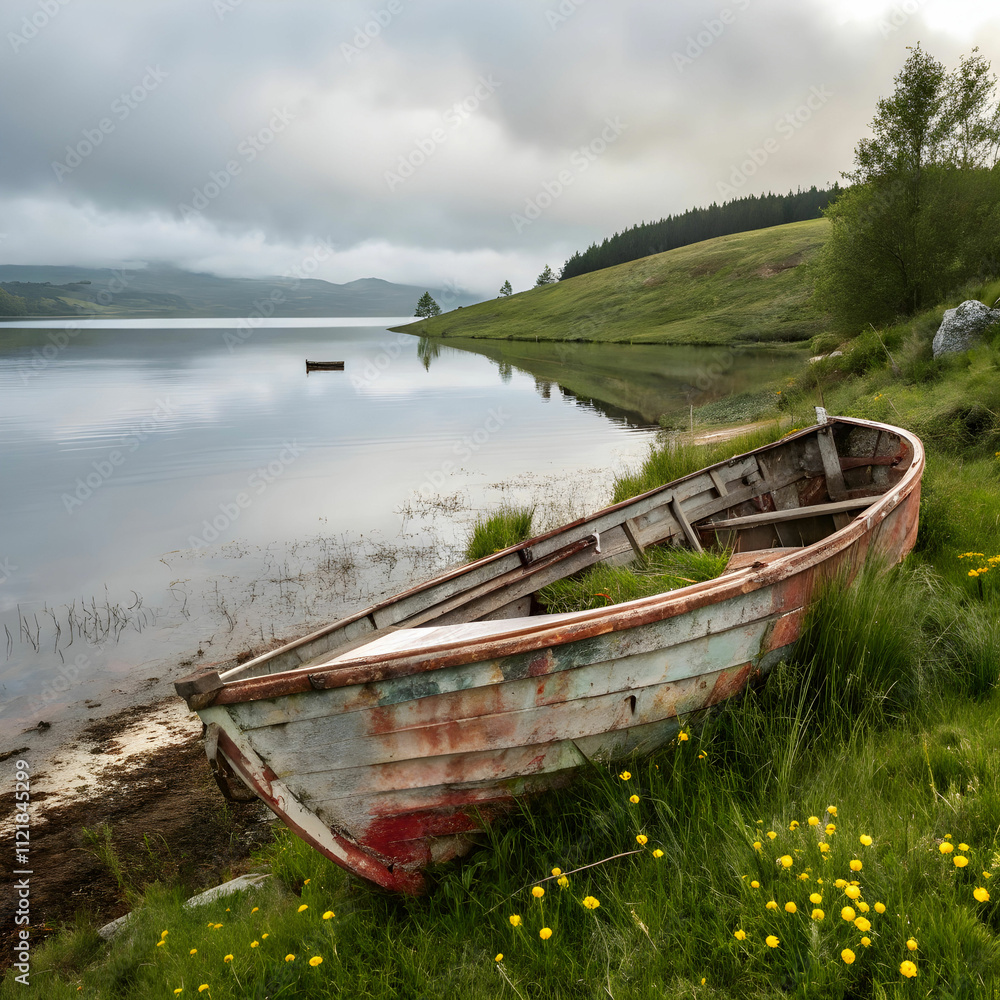 Obraz premium old rusty fishing boat on the slope along the shor