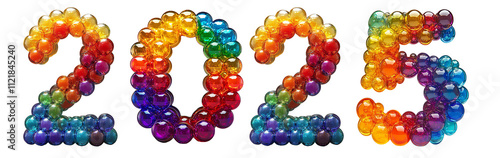 Numbers 2025 made of bright colorful glass bubbles on a transparent background