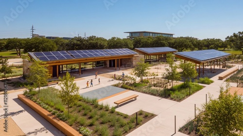 A community park powered by solar panels with kids playing around.