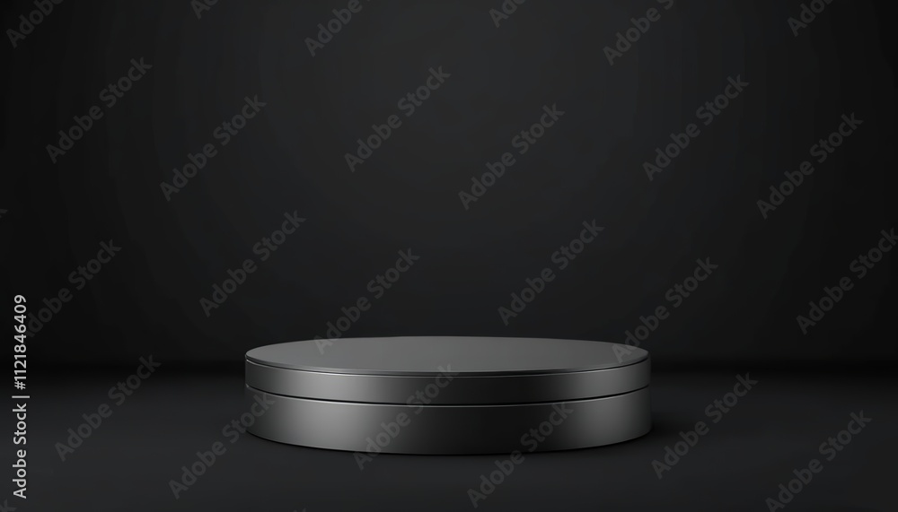 Empty black pedestal podium on a dark backdrop for product display, 3D rendering. Created with generative AI technology Empty black pedestal podium on a dark backdrop for product display, 3D rendering. Created with generative AI technology