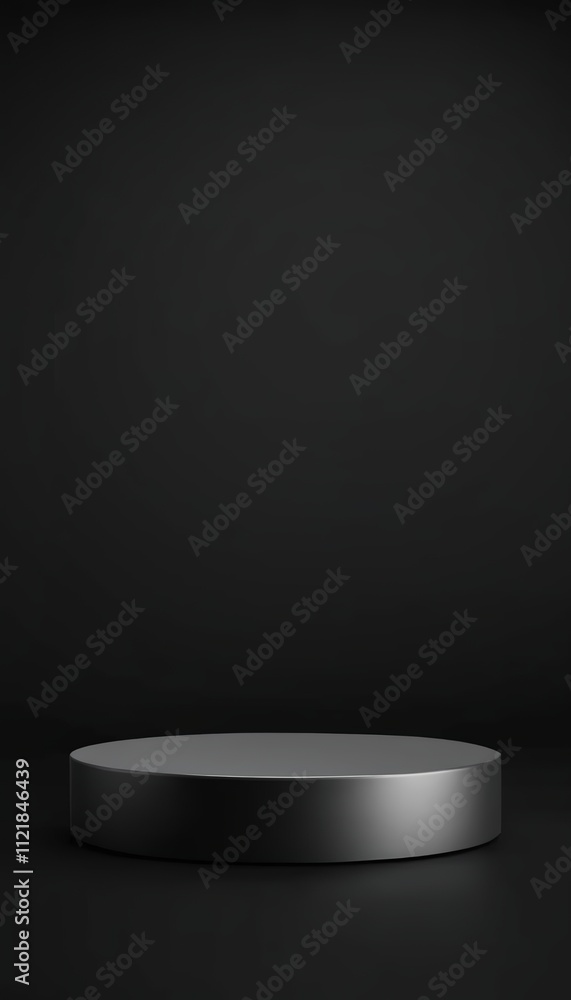 Empty black pedestal podium on a dark backdrop for product display, 3D rendering. Created with generative AI technology Empty black pedestal podium on a dark backdrop for product display, 3D rendering. Created with generative AI technology