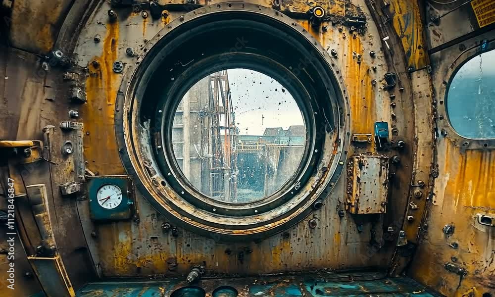 Rusty Interior of an Abandoned Industrial Machine, Showing a Circular Window Rusty Interior of an Abandoned Industrial Machine, Showing a Circular Window