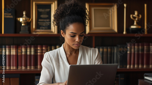 A businesswoman in a modern law office, reviewing documents on her laptop. The background showcases framed awards and bookshelves filled with legal volumes, adding to the sophistic