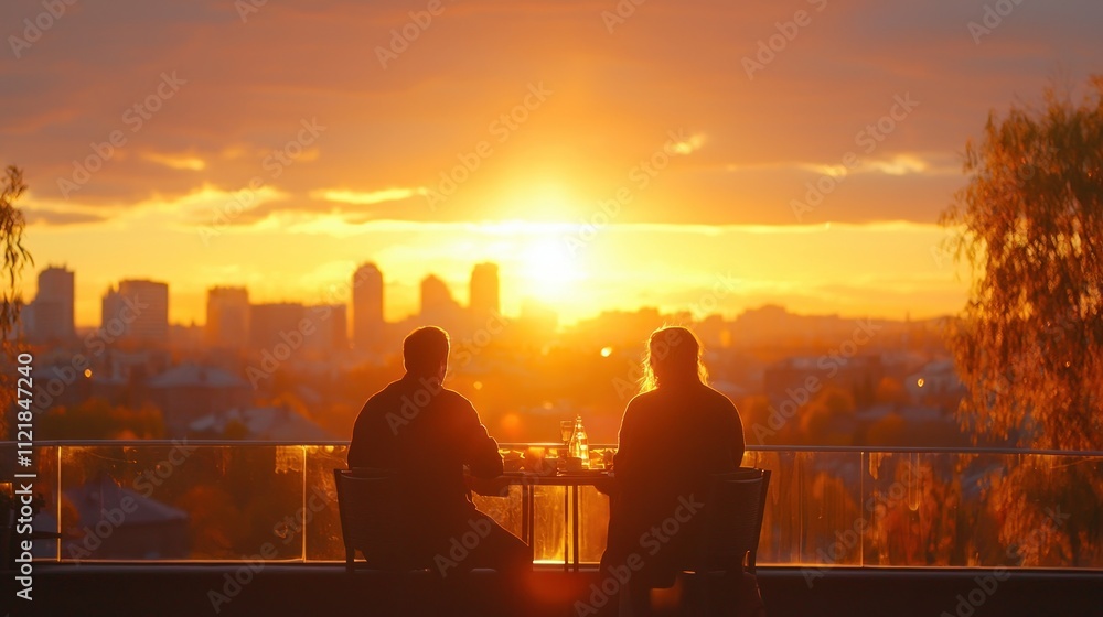Obraz premium Two Silhouettes Enjoying Sunset Over Cityscape from Balcony with Beautiful Views
