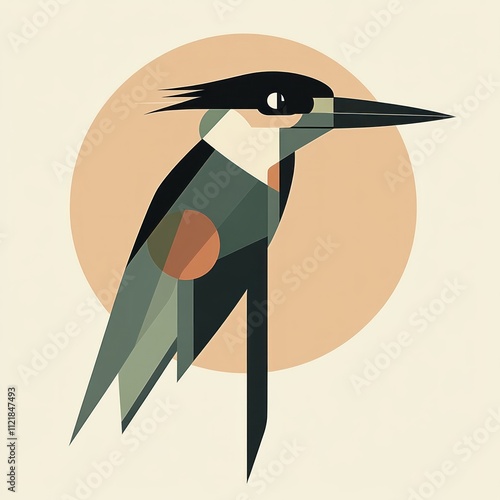 Geometric illustration of a kingfisher bird against a peach-colored circle. photo