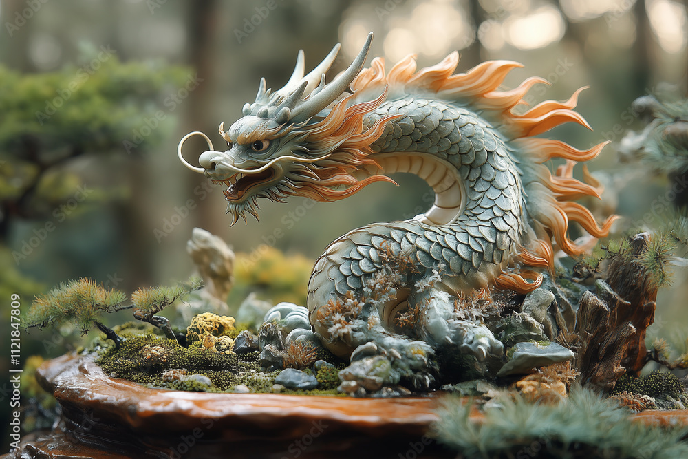 Fototapeta premium Intricate dragon sculpture amid a lush forest setting showcasing nature's artistry