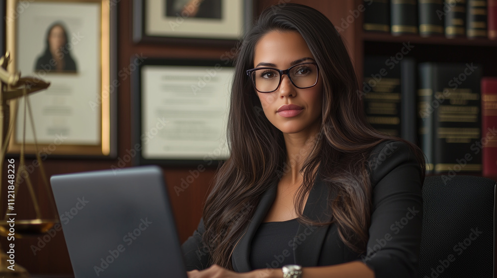 A professional woman in glasses sits in a modern law office, focused on her laptop. Behind her, framed certificates and law books. A professional woman in glasses sits in a modern law office, focused on her laptop. Behind her, framed certificates and law books.