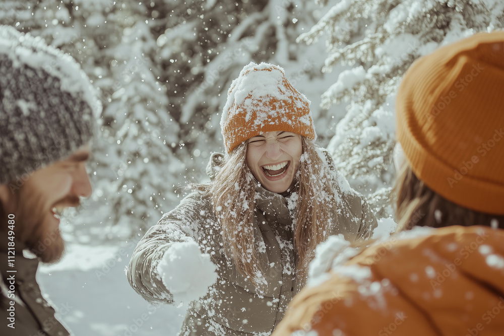 a group of people standing in the snow laughing and having fun together, with snow falling all around them a group of people standing in the snow laughing and having fun together, with snow falling all around them