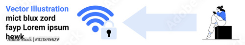 wireless signal with a lock symbol representing security woman on a box, engaged with a smartphone. Ideal for technology, internet, security, connectivity, communication, remote work, digital world