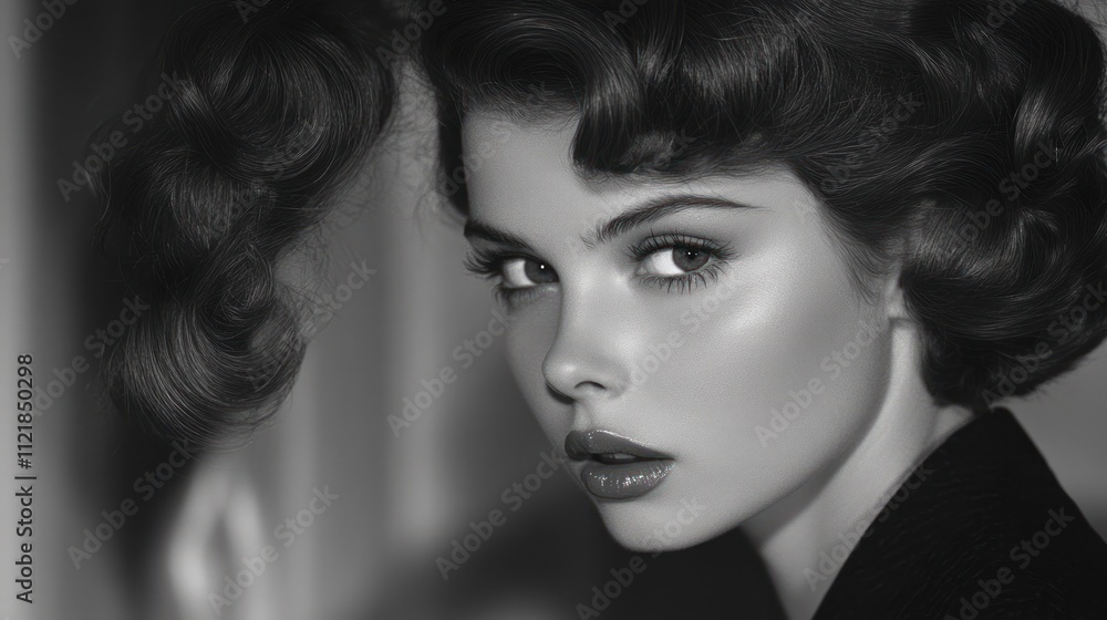 Fototapeta premium A monochrome portrait of a woman with vintage hairstyle 