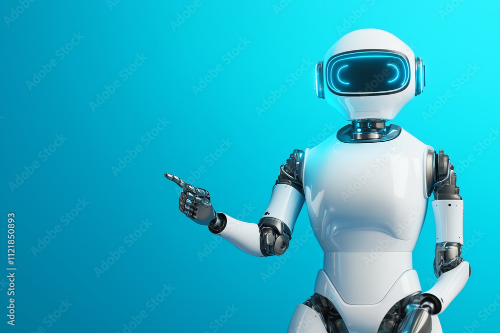 Robot with futuristic design pointing against blue background Robot with futuristic design pointing against blue background