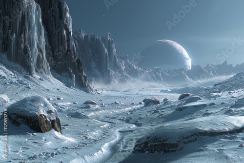 Majestic Winter Landscape on an Alien Planet with Frosted Cliffs, Vast Snowfields, and a Mysterious Celestial Body in the Distant Horizon photo