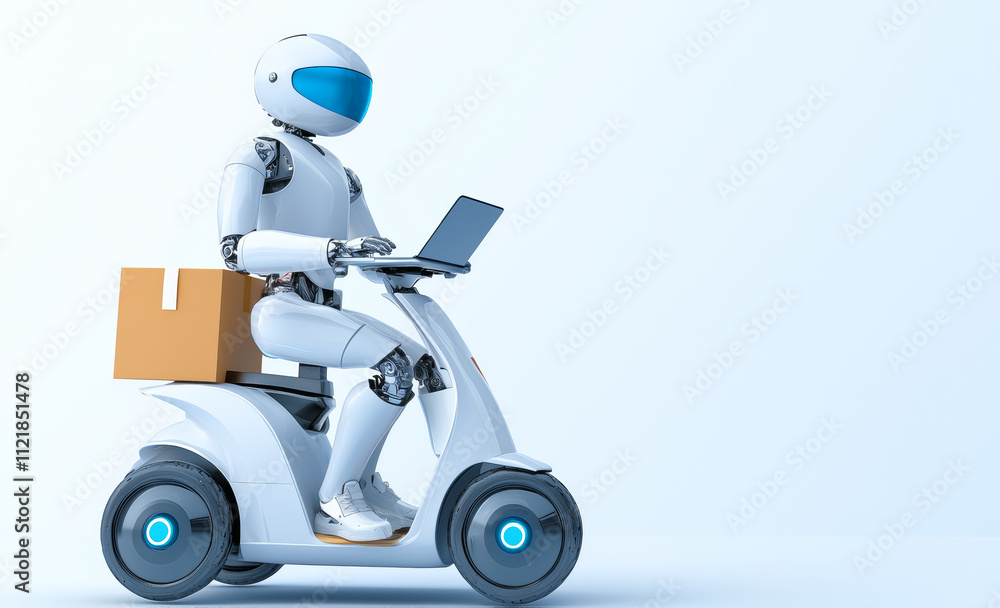 Delivery robot using laptop while riding electric scooter Delivery robot using laptop while riding electric scooter