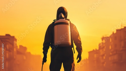 A figure in protective gear stands against a sunset backdrop, suggesting themes of safety, environmental care, or pest control. photo