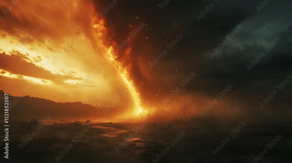 Naklejka premium Fiery Column Descends Upon Desolate Landscape