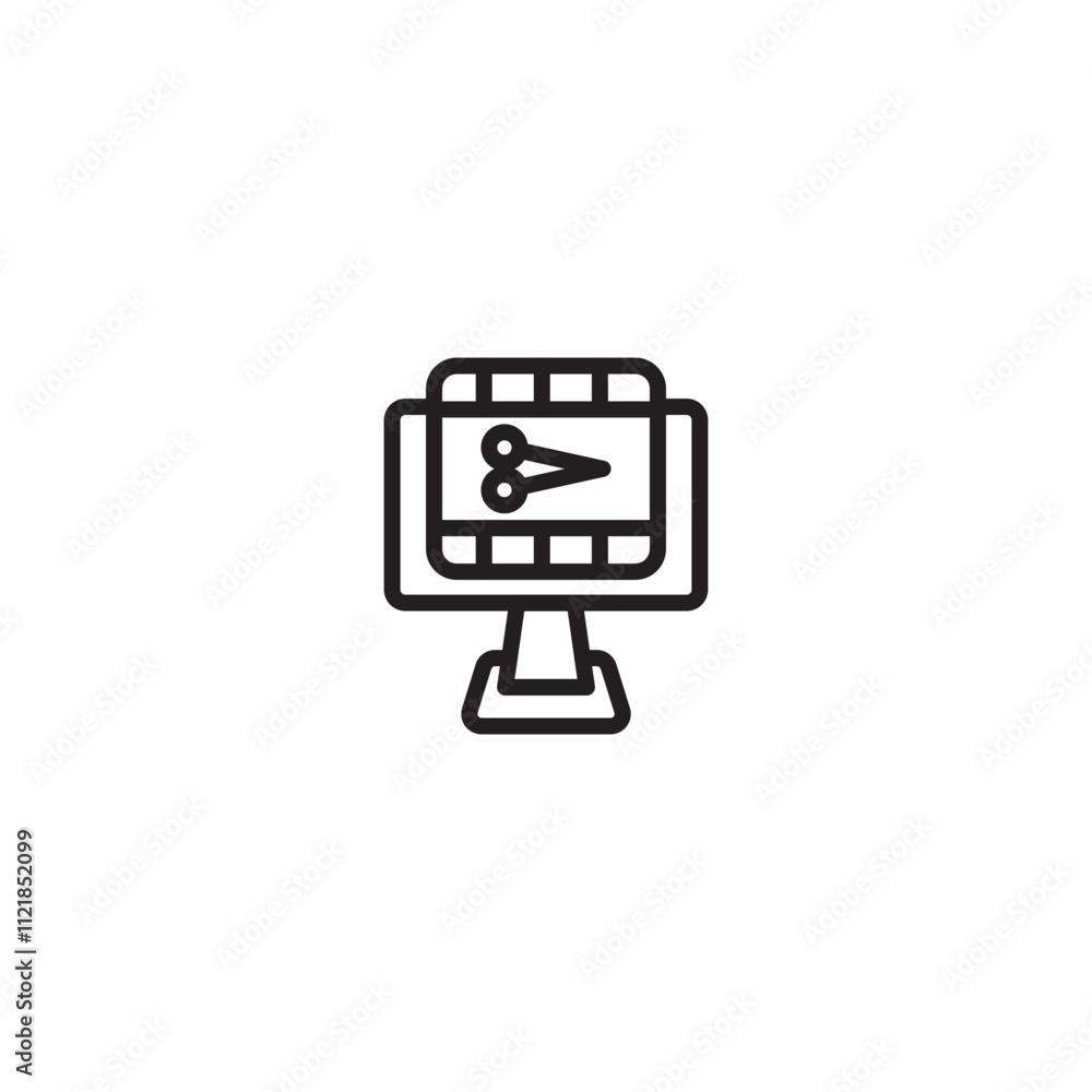 Video editing on a computer screen on icon. Icon representing video editing software with a filmstrip and scissors. Editable icon. Video editing on a computer screen on icon. Icon representing video editing software with a filmstrip and scissors. Editable icon.