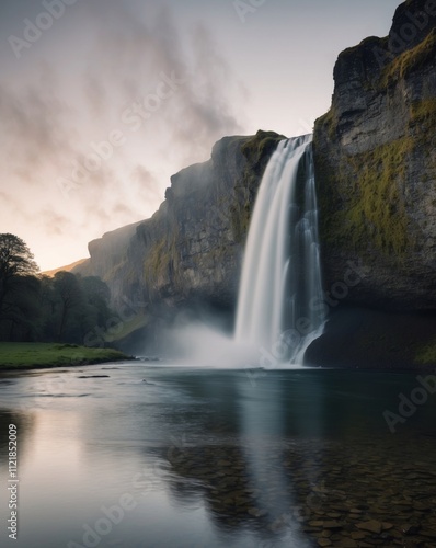 A majestic waterfall cascading over a cliff into a serene river below. photo