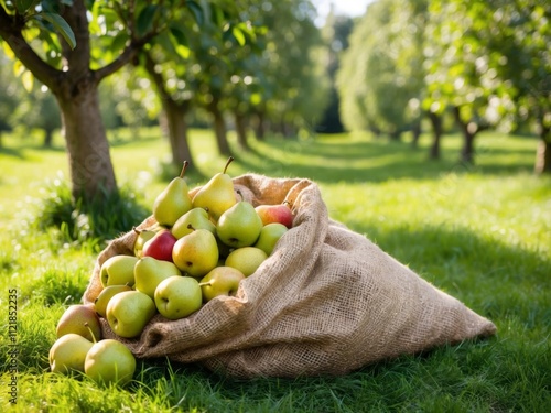 A sack filled with colorful pears on grass in a pear orchard during bright daylight. photo