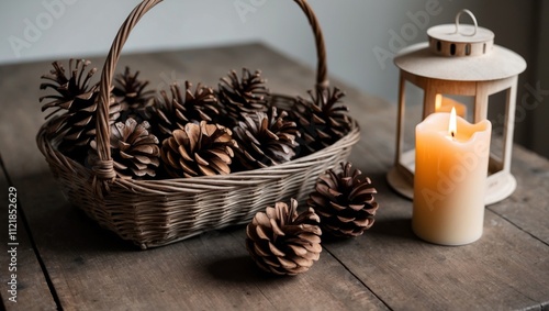 Basket with pine cones and candle lantern on table. photo