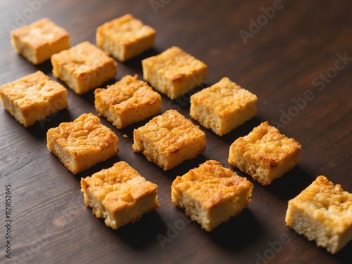 Golden Brown Fried Tofu Squares on Dark Wooden Surface. photo