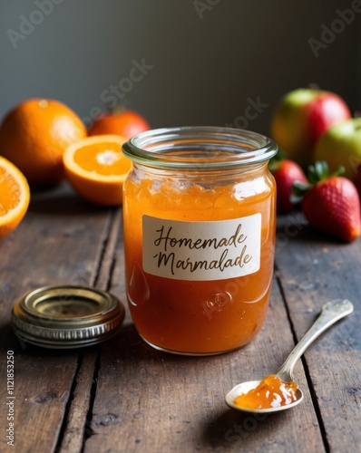 Jar of orange marmalade on rustic table with fruits in background. photo