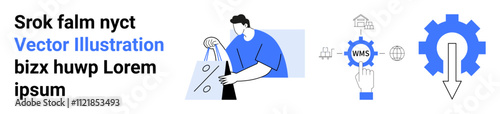 Male character holding a shopping bag with a percentage sign, a finger pressing a gear labeled WMS, a gear with a downward arrow. Ideal for e-commerce, logistics, retail, marketing, business growth